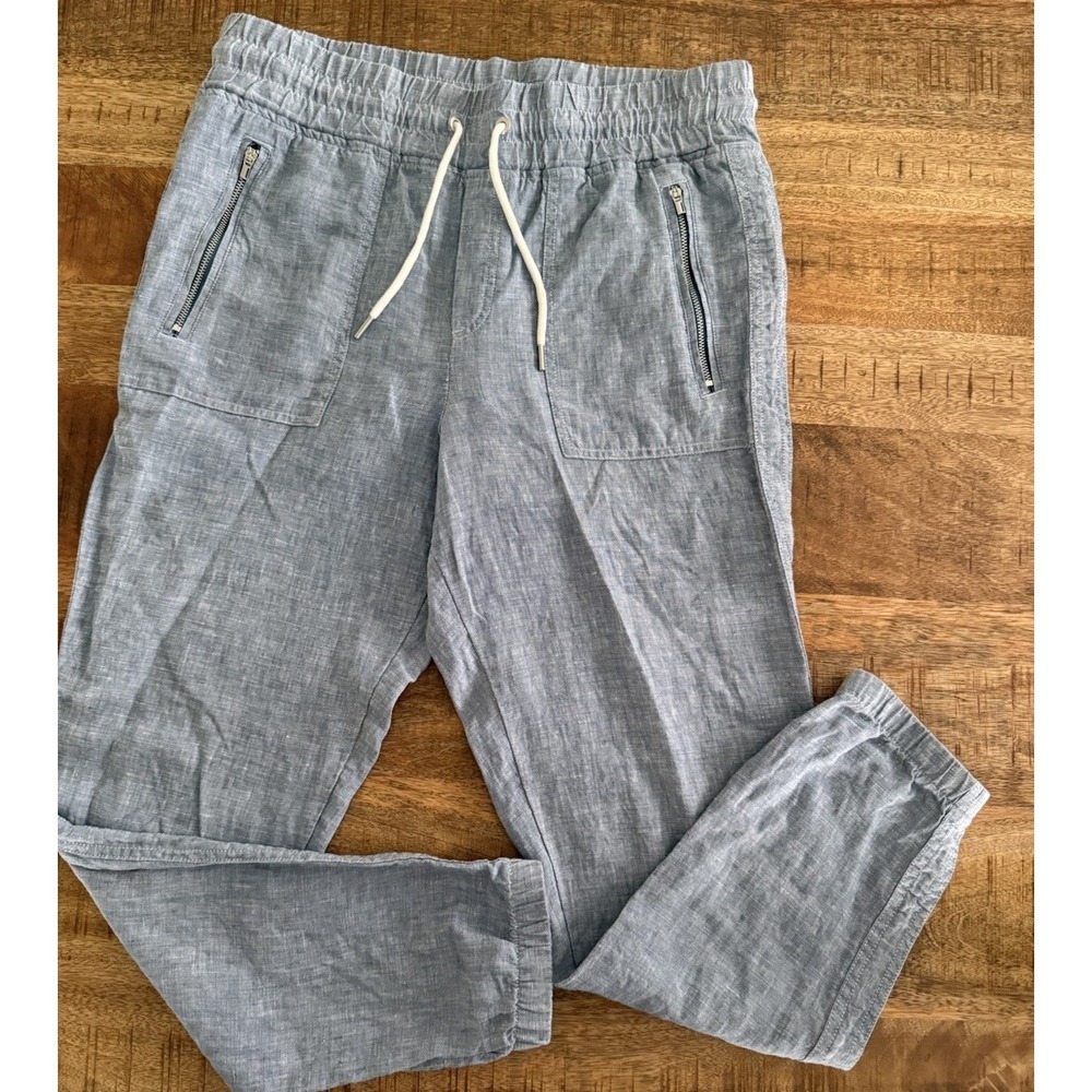 Athleta Cabo Linen Jogger Pants Blue 100% Linen Drawstring Zip‎ Pocket Size 10